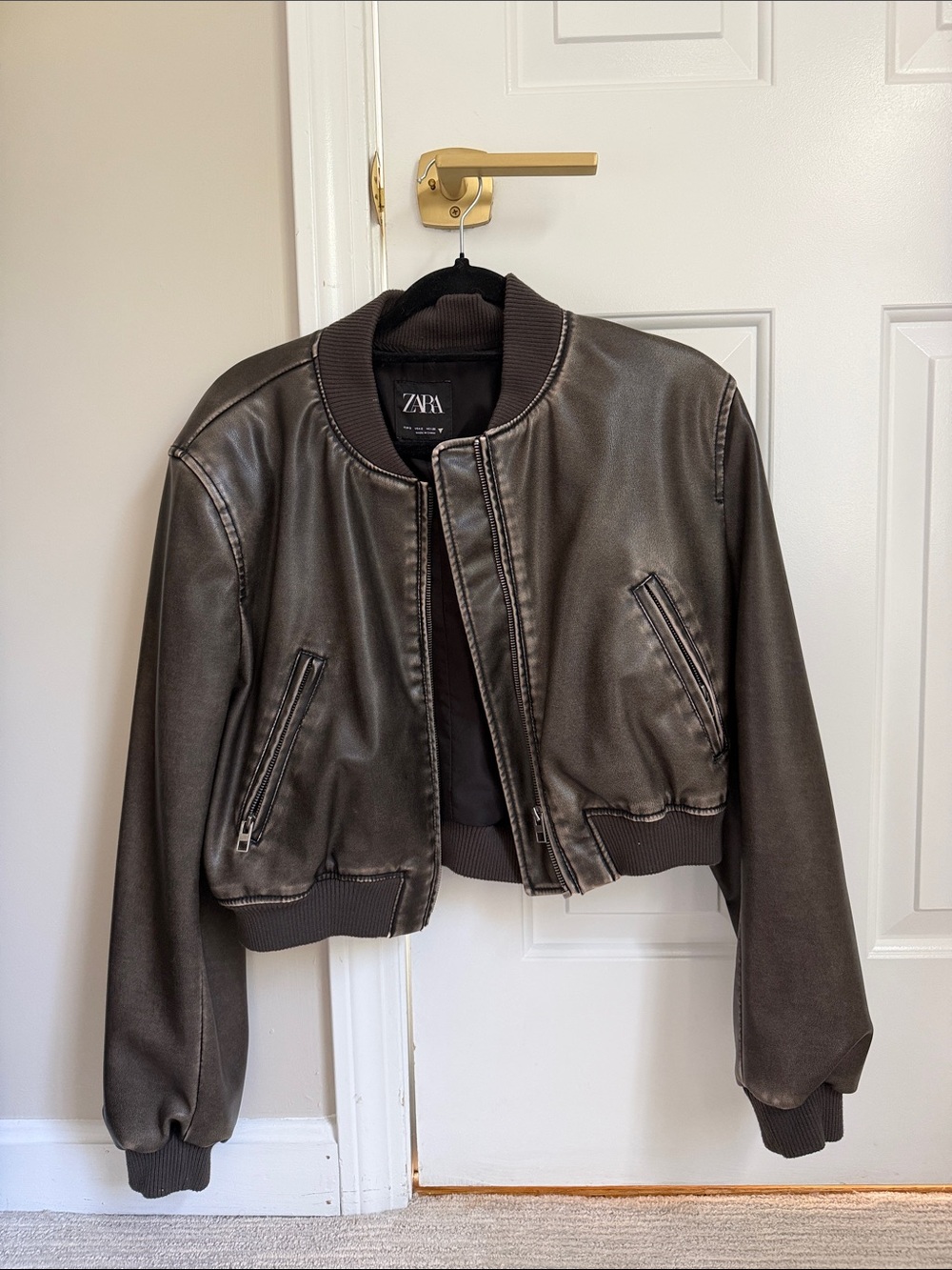 ZARA Dark Brown Faux Leather Bomber Jacket